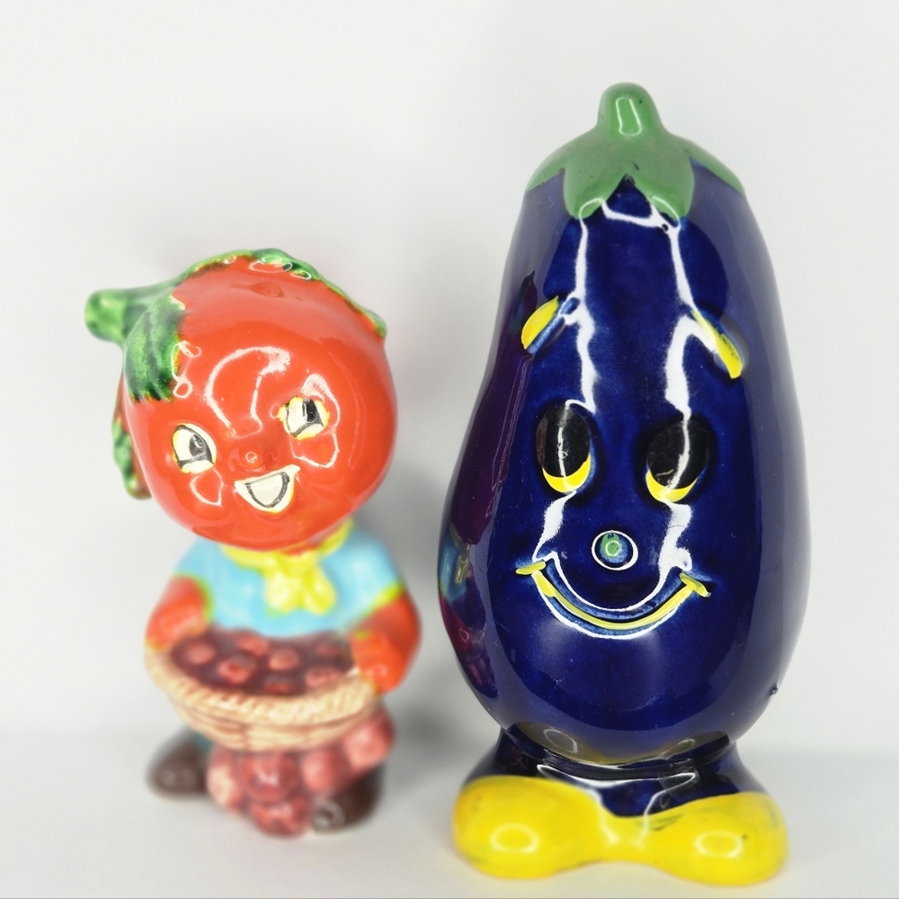 Vintage Ceramic Tomato Farmer Pie and Eggplant Salt And Pepper Shaker Figurines